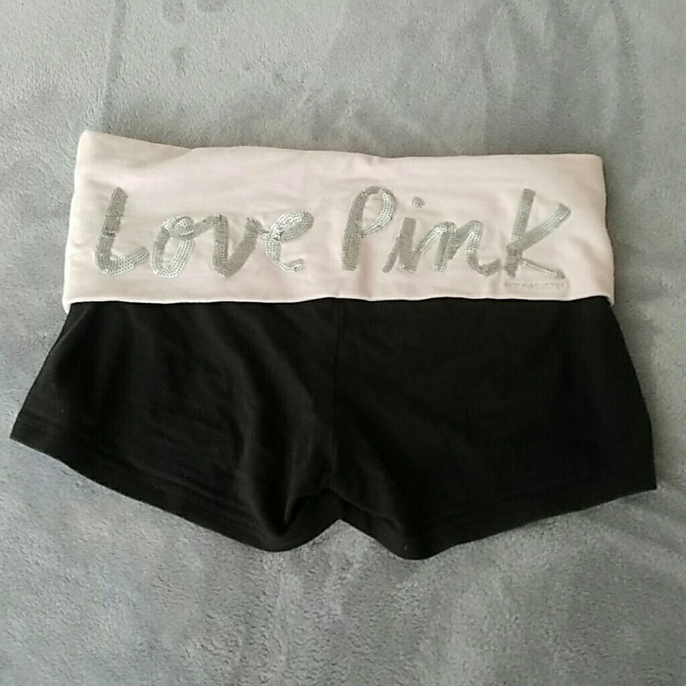 VS Pink foldover silver sequin yoga shorts